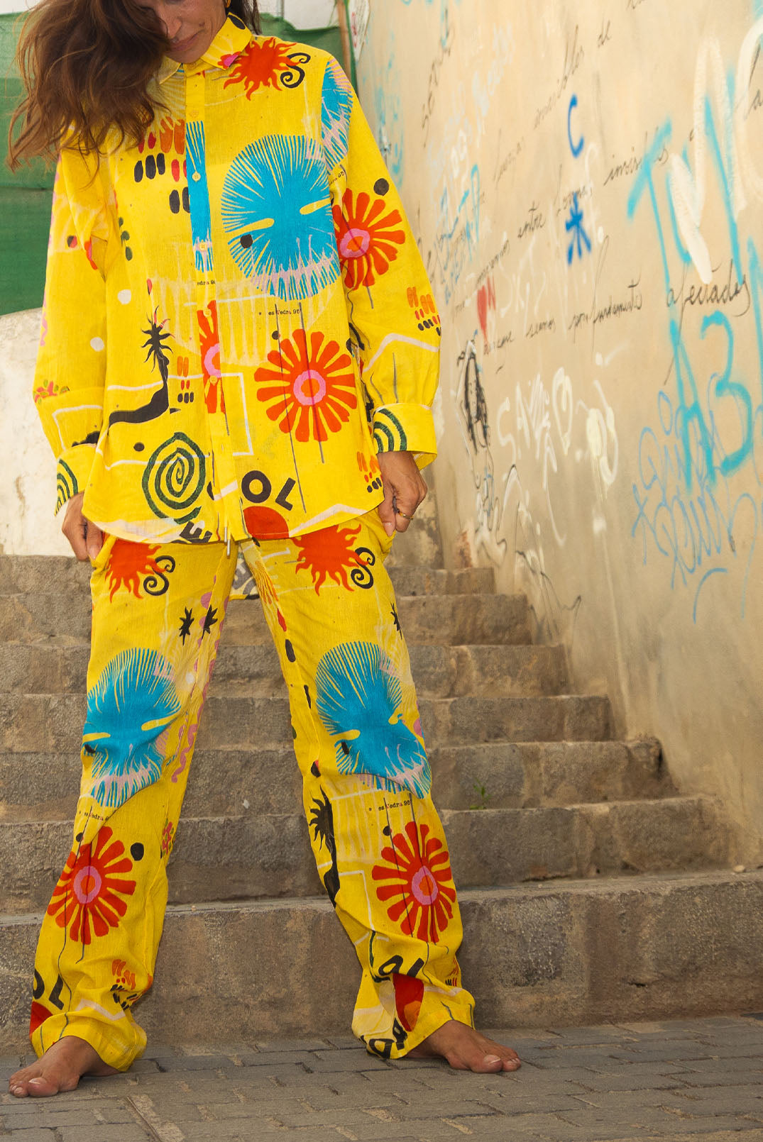 Sunshine yellow drawstring summer printed trousers and co-ord shirt