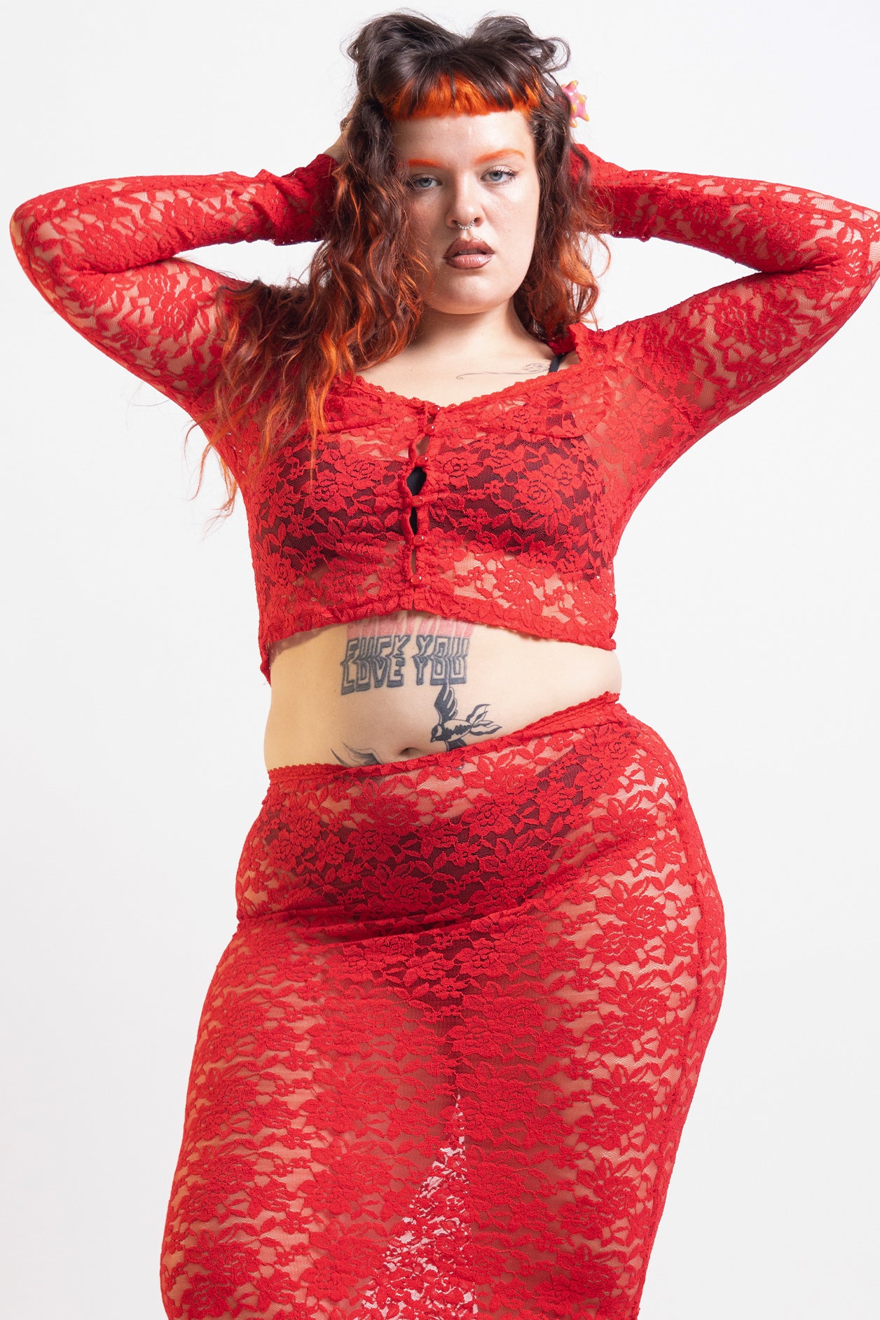 Red Sonja Lace Sheer Long Sleeve Button Top